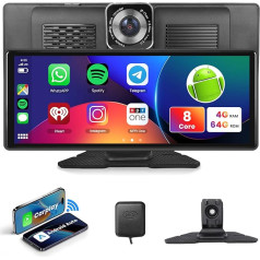 Hodozzy 4GB + 64GB portatīvais ekrāns Autoadio Android 10,26 collu HD skārienjūtīgais ekrāns Bezvadu Carplay un Android automašīna ar Bluetooth displeju Dash Cam Mirrorlink GPS navigācija WiFi FM AUX Auto Recorder