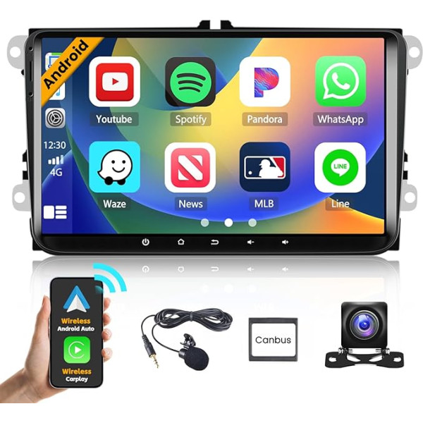 Hikity Android auto radio VW Golf Polo Skoda Caddy Seat ar CarPlay Android auto, HiFi skaņa, 4 kodolu 2GB + 64GB, 9 collu skārienjūtīgais ekrāns GPS WiFi BT BT USB FM RDS radio Canbus atpakaļgaitas kamera Mic