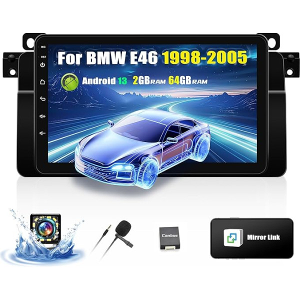 OiLiehu 2G + 64G Android 13 Double DIN radio BMW E46 1998-2005 Automobiļu radio ar ekrānu 9 collu autoradio atbalsts Mirror Link/EQ/Bluetooth/Steering Wheel Control/FM RDS/WiFi/GPS/Rear View Camera