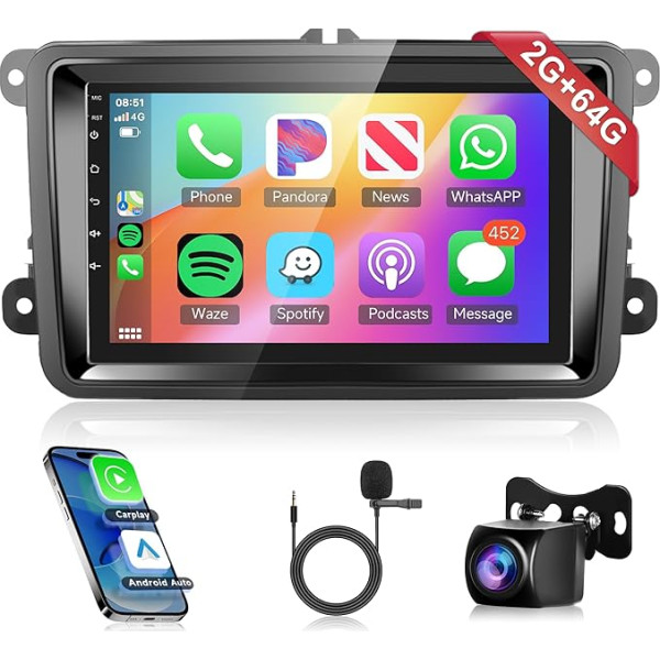 2G + 64G bezvadu Carplay Android auto radio VW Golf 5 6 Passat Polo Tiguan Touran Skoda Caddy Seat ar Android auto GPS navigāciju WiFi Mirror Link 7 collu auto radio ar Bluetooth FM/RDS/DAB