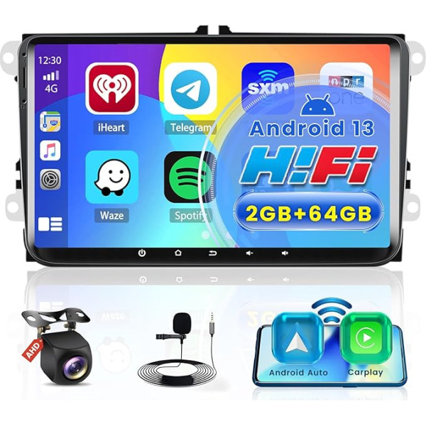 2GB + 64GB Android 13 Bezvadu CarPlay auto radio ar satelītnavigāciju VW Golf 5 6 Passat Polo Skoda Tiguan Seat 9 collu ekrāns Android auto radio WiFi BT USB HiFi FM RDS SWC Canbus atpakaļgaitas kamera