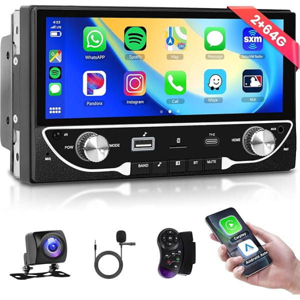 2G + 64G bezvadu Carplay Android 13 Auto radio 2 DIN ar Android auto GPS navigāciju WiFi 6,86 collu skārienjūtīgais ekrāns Auto radio ar spoguļa saiti Bluetooth FM/RDS/EQ/DAB/OBD/DVR Vadības stūres rats