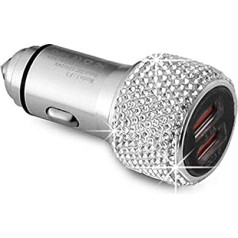 Automašīnas lādētājs, cigarešu aizdedzinātāja USB lādētājs, QC3.0 + 3.1A ports Bling Glitter Rhinestone Diamond Metal Mini Dual USB Car Charger USB Adapter Quick Charge saderīgs ar iPhone Samsung Huawei, White