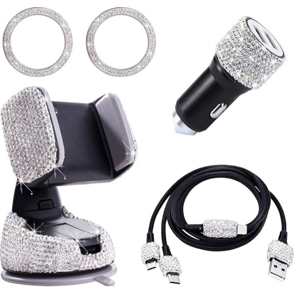 Auto aksesuāri, Interjera sieviešu gliteru auto rotājumi, Interjera sieviešu auto aksesuāri, Bling Bling auto aksesuāri, Kristāla USB adapteris, USB kabelis Micro Type C, Mobilā tālruņa turētājs