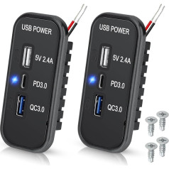 Linkstyle 3 porti 12 V USB ligzda, PD3.0 C tipa, QC3.0 USB 2.4A USB A uzlādes ligzda, ātrās uzlādes adapteris automašīnai, jūras transportlīdzekļiem, 2 gab. komplektā