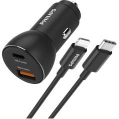 PHILIPS DLP2521L/00 - Automašīnas lādētājs ar USB-A un USB-C pieslēgvietām un Lightning kabeli iPhone - USB-C uz Lightning 1 metrs - melns