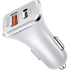 Olakey USB C auto lādētājs, dubultais USB auto lādētāja adapteris ar 20 W PD portu, ātru QC3.0 un LED indikatoru (balts) DYB-W1