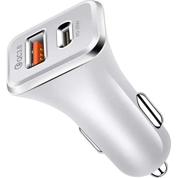 Olakey USB C auto lādētājs, dubultais USB auto lādētāja adapteris ar 20 W PD portu, ātru QC3.0 un LED indikatoru (balts) DYB-W1