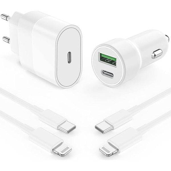 Auto lādētājs USB C ātrais lādētājs iPhone 38W PD&QC 3.0 lādētājs ar 20W ātro lādētāju iPhone adapterim 2x C tipa kabelis iPhone 14/13/12/11/XR/8, paliktnis