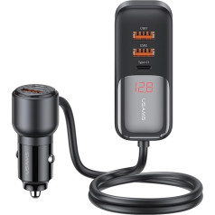 P4Y PD 165W USB auto lādētājs ar 5 pieslēgvietām, 3 USB-A, 2 USB-C ar digitālo displeju un ātro uzlādi PD QC AFC SCP FCP Black Steel US-CC213 C40