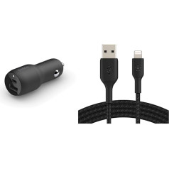 Belkin Premuim auto komplekts (37 W divportu ātrās uzlādes auto lādētājs un 1 m USB-C-Lightning lādēšanas kabelis)