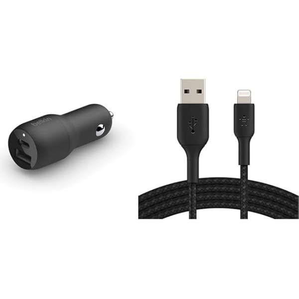 Belkin Premuim auto komplekts (37 W divportu ātrās uzlādes auto lādētājs un 1 m USB-C-Lightning lādēšanas kabelis)