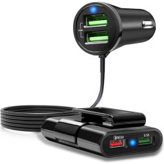 4 vairāku pieslēgvietu auto lādētājs, QC 3.0 auto lādētāja adapteris USB auto lādētājs viedtālrunim, multi cigarešu aizdedzinātāja adaptera ligzdas sadalītāja pagarinātājs ar 5 pēdu kabeli priekšējā un aizmugurējā sēdekļa uzlād