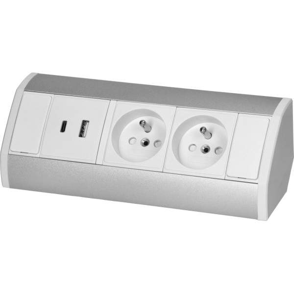 Mēbeļu ligzda 2x2P+Z, 2xUSB (A+C tips; 2.4A), balta/sudraba krāsā