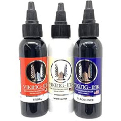 VIKING TINTE - komplekts Black Liner + Black Tribal + White Ultra 1oz (30 ml) 3 vienības - tetovējuma tinte, tetovējuma tinte