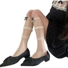 Damen knielange Spitzenkante Sockenschleifen Krawatte Strumpf Schleifen Krawatte Lange Fischnetz Mesh Ballett-Stil Tanzsocken für Sommer Elegante Legwear