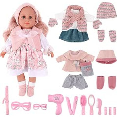 deAO Baby Doll rotaļu komplekts, kleitu spēļu komplekts 36 cm lellei ar 3 tērpiem un lelles piederumiem ķemmēšanai un veidošanai, lelle ar gariem blondiem matiem, lieliska lomu spēles rotaļlieta bērniem