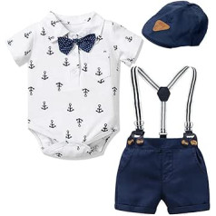 FAIRYRAIN 3-Piece Baby Children Boys Summer Short Sleeve Clothing Sets Gentleman White Anchor Print Romper + Hat + Braces Shorts Suit Clothing Set