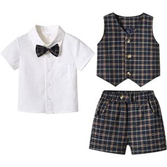 Toddler Party Clothes Set Little Boys Short Sleeve Plaid Prints T Shirt Tops Vest Coat Shorts Child Kids Gentleman Outfits