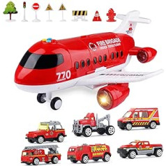 Jenilily Fire Brigade Aeroplane Toy Car with Traffic Signs Toddler Transporter Toy Cars Set Children Boys from 3 Years