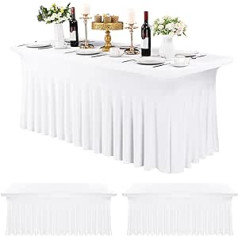 3 Pac. Spandex galda svārki, 182 x 76 cm, elastīgs galdauts taisnstūrveida galdiem, grumbu izturīgs galdauts ar svārkiem, spandeksa galdauts, galda svārki kāzu banketiem, gadatirgiem, balts