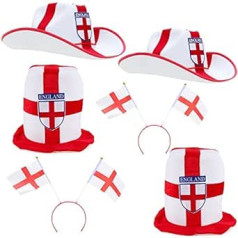 Toyland® England 6 daļiņu ballīšu apģērbu komplekts — 6 Anglijas dizaina novitātes cepures — britu kostīms — Queens Platinum jubilejas svinības — Kataras Pasaules kausa izcīņa 2022. gada futbola ballītē