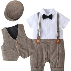 Baby Boys Smokinga uzvalks Kombinezons Džentlmeņu tauriņš ar garām piedurknēm vestes cepure 3-daļīgs apģērbu komplekts Toddler kristības kāzas, svinības 1. dzimšanas dienas ballīte Pavasara rudens zīdaiņu apģērbs