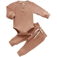 Newborn Baby Boys Girls Clothing Knitted Romper Solid Long Sleeve Tops Drawstring Pants Ribbed Sleepwear Outfit