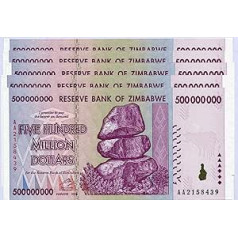 RBZ Zimbabwe 500 miljoni dolāru x 5 banknotes 2008 UNC, pasaules inflācijas rekords, valūtas banknotes