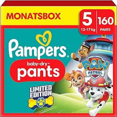 Pampers Paw Patrol bikses, izmērs 5 (12-17 kg) Baby-Dry, Junior ar stopu un aizsardzības kabatu, ikmēneša kaste, 160 autiņi