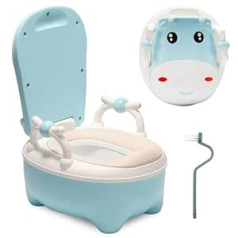Jiubiaz vaikiškas puodukas, kūdikio tualeto kėdutė, stalčiaus tipo kūdikių puodukas, tualeto treniruoklis su rankenomis, šepetys, minkšta PU pagalvėlė, kūdikių puodo apsauga nuo purslų, animacinio filmo dangtelis (mėlynas)
