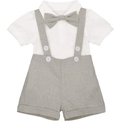 FYMNSI Baby Boys Christening Outfit Short Sleeve Romper + Braces Linen Shorts + Bow Tie 3-Piece Formal Suit Toddler Kids Gentleman Tuxedo Wedding Birthday Party Clothing for 0-24 Months