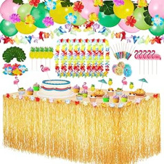 Harrycle Hawaii ballīšu dekorēšanas komplekts ar balonu 286 x 75 cm Luau galda svārki zelts, 8 Havaju vainagi, pludmales baloni, palmu lapas, havajiešu ziedi, daudzkrāsaini lietussargi BBQ tropiskajam dārzam