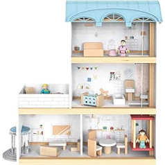 4iQ Group Wooden Dollhouse 41.5 x 14 x 39.5 cm - Dollhouse from 3 Years Girls - Dollhouse Large with 3 Levels - Dollhouse with Furniture and Accessories