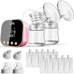 Dvigubas elektrinis pieno siurblys, motinos pieno siurblys, su 10 laikymo maišelių ir adapteriu, mechaninis mygtukas, neskausmingas, stiprus siurbimas, įkraunami nešiojami silikoniniai maitinimo siurbliai (rožinės spalvos)