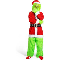 Claofoc 7 dalių Grinch kostiumas suaugusiems vyrams prabangus Kalėdų Senelio kostiumo komplektas Kalėdinis Cosplay kostiumo komplektas su Grinch Kauke Pirštinės Skrybėlė Kelnės Kojinės