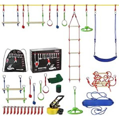 ALPIDEX Ninja Line, Children's Slackline, Obstacles Set, Gymnastics, Rings, Rope Knot Swing, Climbing Ladder, Accessories, Expandable Warrior Parcours