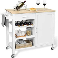 GOPLUS Kitchen Trolley with Worktop, Mobile Kitchen Island Wood with Drawers, Towel Rack, Wine Bottle Rack, Storage Cabinet, Serving Trolley on Wheels for Kitchen, Dining Room (White)