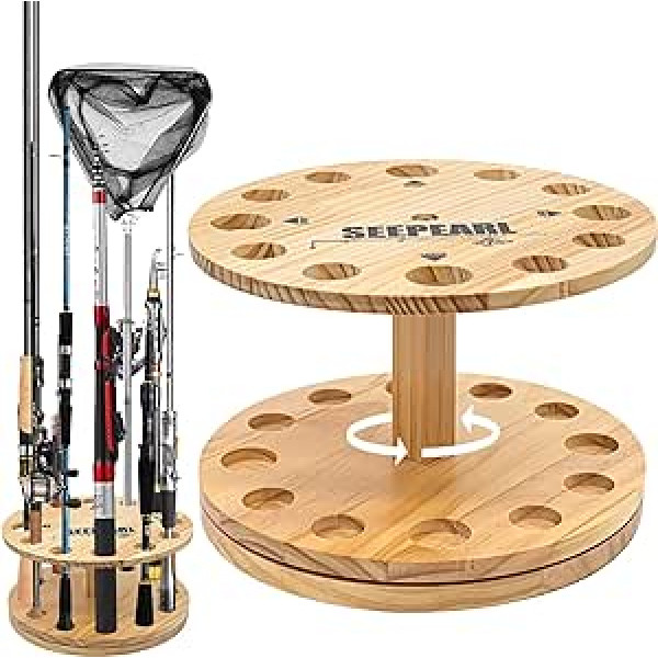 SEEPEARL Fishing Rod Holder Garage Vertical Fishing Rod Holder Wooden Round Floor Stand