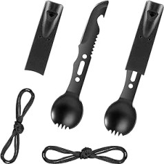 Mudder 2 Packs Multifunctional Camping Spork Set Stainless Steel Functional Camping Spoon Fork Cutlery Spork with Bottle Opener and Whistle for Camping Hiking Backpacking Hunting