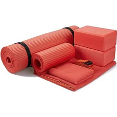 BalanceFrom GoYoga 7 daļiņu komplekts — ietver jogas paklājiņu ar pārnēsāšanas siksnu, 2 jogas blokus, jogas paklājiņa dvieli, jogas dvieli, jogas siksniņu un jogas ceļgalu spilventiņus (sarkans, 1/2 collas biezs paklājiņš)