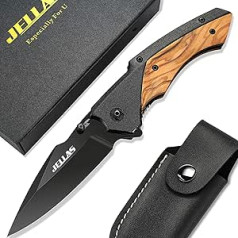 JELLAS J-003 Folding Knife with Black Coated 7Cr17 Stainless Steel Blade with Sharpener and Belt Bag, Pocket Knife for Camping, Hunting, Fishing with Wooden Handle, Gift Idea