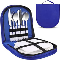 CEWROM Camping Cutlery Set for 2, Camping Tableware Set 2 People, Stainless Steel Forks, Spoons, Knives, Bottle Openers, Plates, Portable Camping Cutlery Set with Zip Case for Hiking, Camping (Blue)