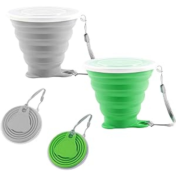 Foldable Cup Silicone Pack of 2 Retractable Travel Cups Folding Cup Camping Travel Folding Cup with Lid for Camping Hiking Outdoor (Green Grey)