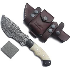 MAAN Handmade Damascus Tracker Knife with Wooden Handle - Survival and Camping - Damascus Steel Tracker Knife - Damascus Hunting Knife with Right Hand Scout Carry Leather Sheath