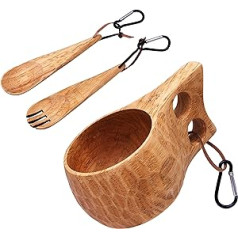 GCS Handmade Kuksa Wooden Mug with Fork and Spoon, Lightweight and Eco-Friendly, Traditional Handmade, Wooden Cup with Natural Chestnut Bushcraft or Camping Leather Cord