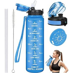 GOPPUS 1L/32oz sportinio vandens butelis, be BPA, nepralaidus geriamasis butelis su šiaudeliais/laiko žymekliais/filtru, gazuotas butelis, tinka važinėti dviračiu, naudoti lauke