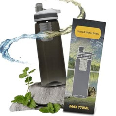Āra ūdens filtra pudele Ūdens filtra pudele [650 ml] ar 2000 l filtra ietilpību I noņem 99,99% no visām baktērijām un citiem piemaisījumiem lietus ūdenim un straumes ūdenim un krāna ūdenim