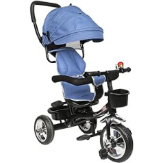 Tricycle 4-in-1 with Adjustable Push Bar Steering System, Children's Tricycle with Removable Canopy, Bell, Rubber Tyres, Comfortable Seat (Blue)