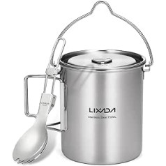 KOCAN 750 ml Edelstahl-Topf, tragbarer Wasserbecher, Tasse mit Deckel und faltbarem Griff, Outdoor, Camping, Kochen, Picknick,Campingbecher